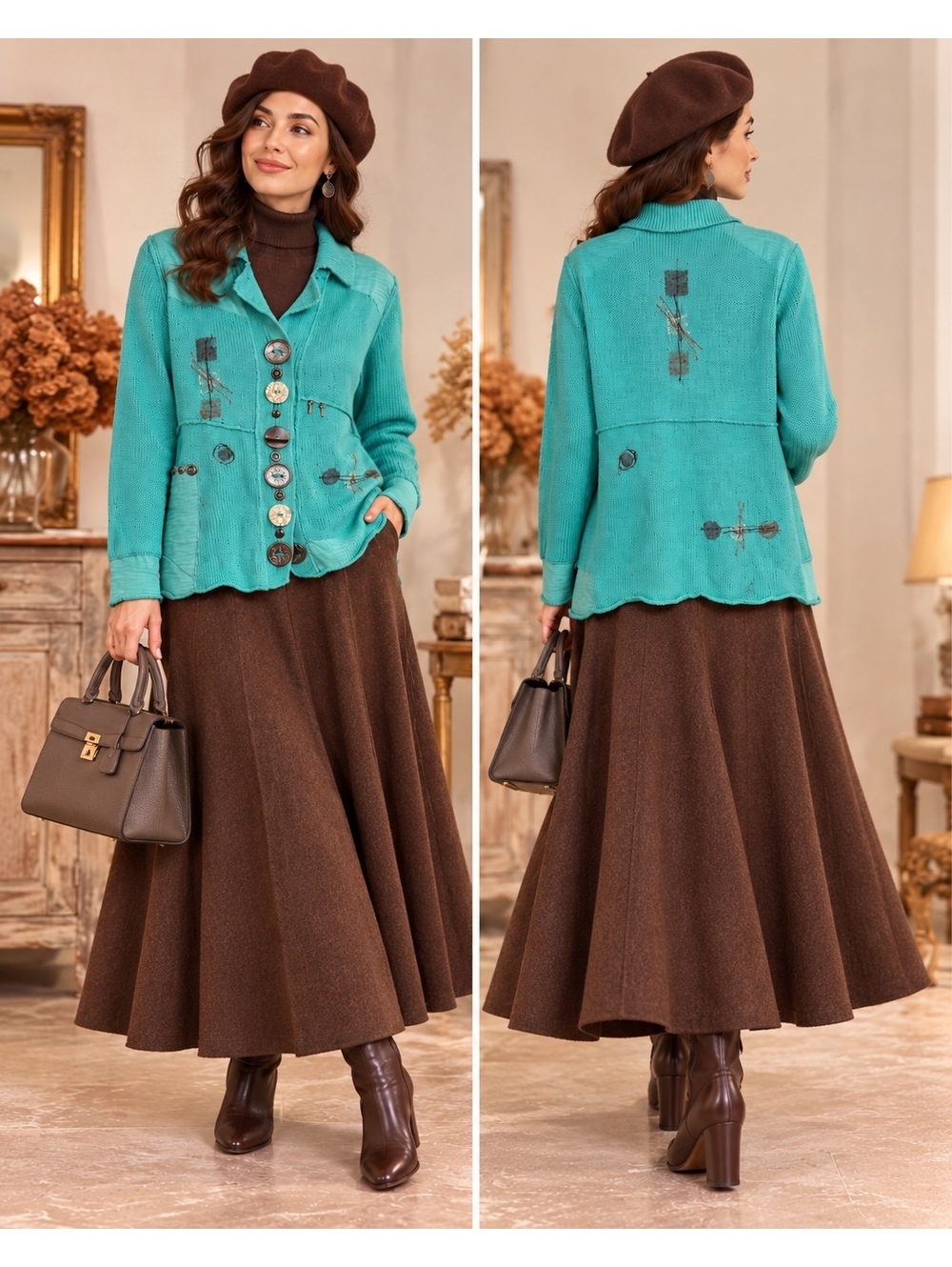 Women’s Turquoise Cotton Knit Cardigan Jacket Art Print Mixed Buttons Boho